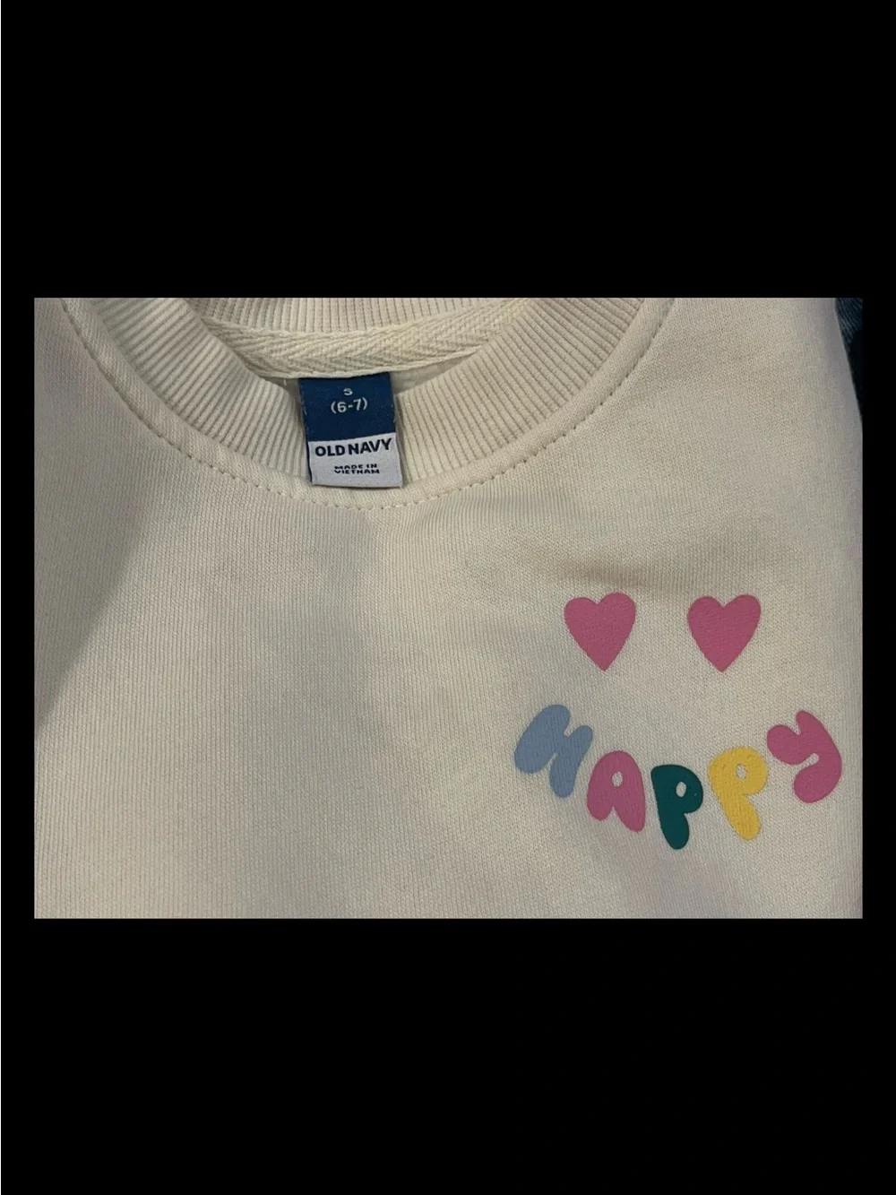 Old Navy Cream Sweatshirt with Colorful 'HAPPY' and Pink Hearts Size Small 6-7